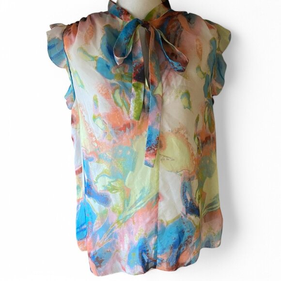 Simply Vera Chiffon Romantic Ruffle Abstract Prairie Sheer Flutter Blouse L - Picture 1 of 10